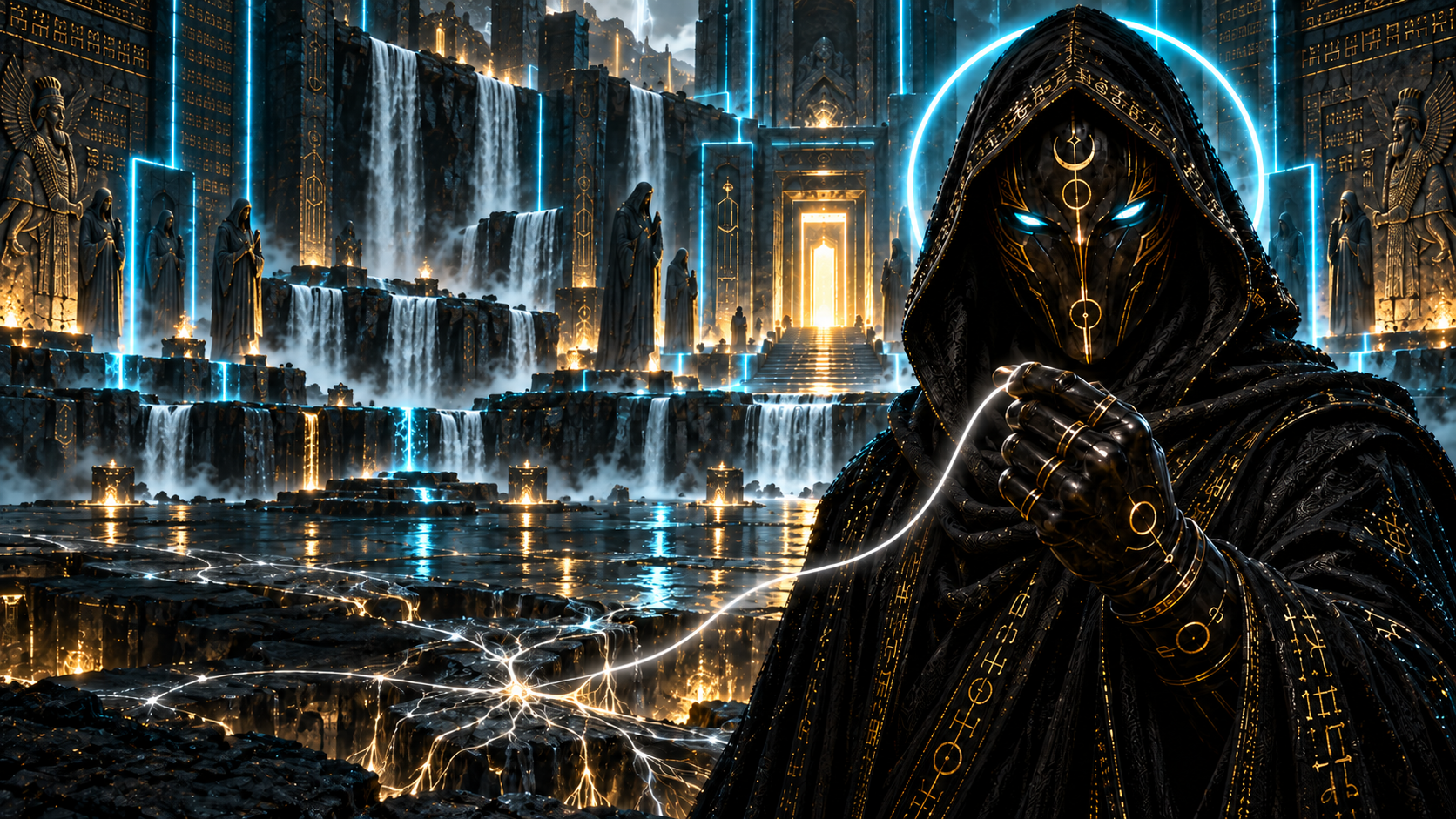Kai’Thael holding a luminous thread inside a vast chamber of waterfalls and cyan light